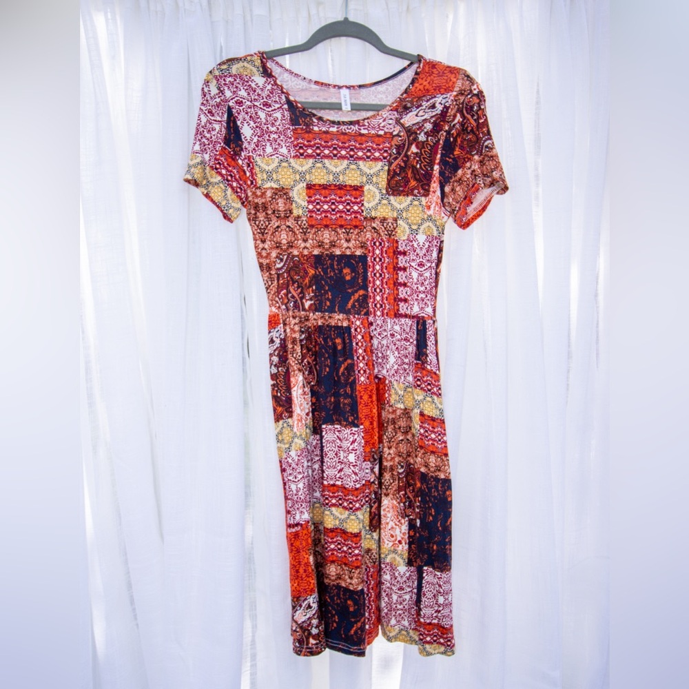 NWOT Comfy Casual Summer Dress with Pockets! Boho Patchwork Orange - XS